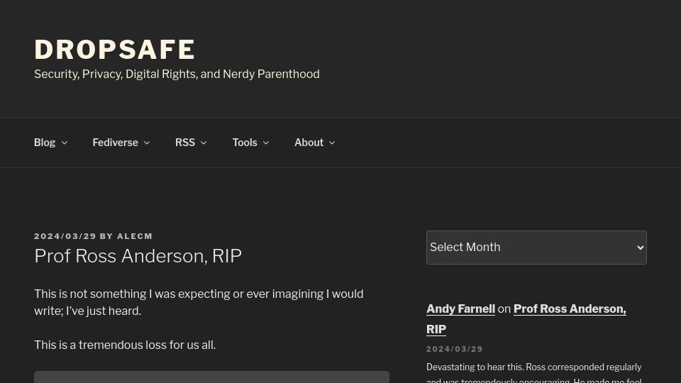 Screenshot of alecmuffett.com: Ross Anderson has died