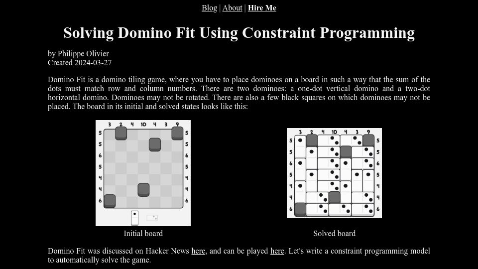 Screenshot of pedtsr.ca: Solving domino fit using constraint programming