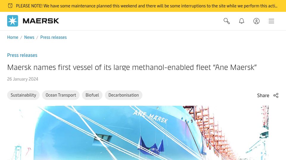 Screenshot of maersk.com: Maersk names first vessel of its large methanol-enabled fleet "Ane Maersk"