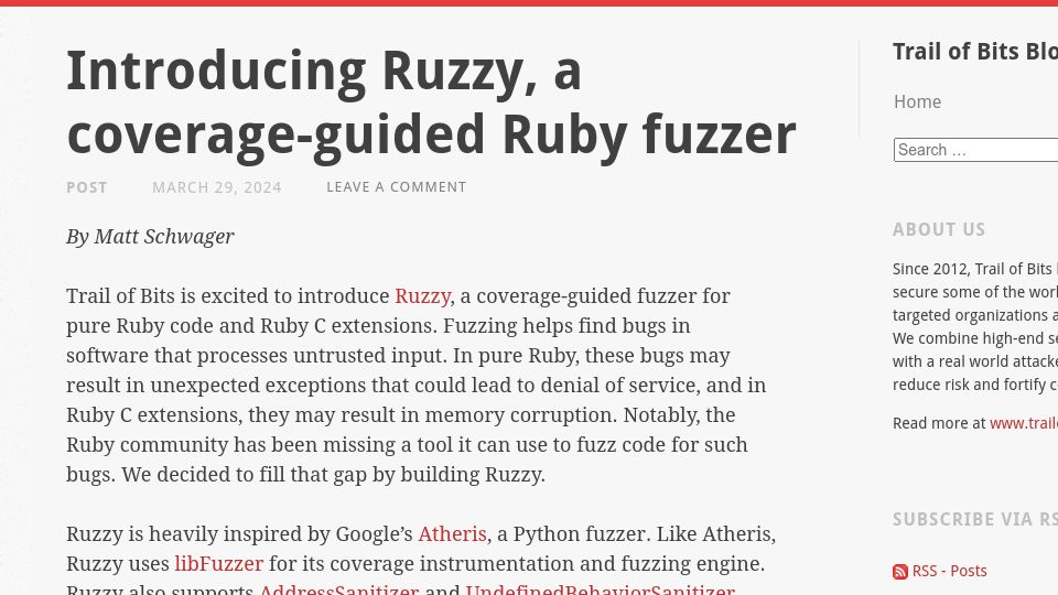 Screenshot of blog.trailofbits.com: Ruzzy, a coverage-guided Ruby fuzzer