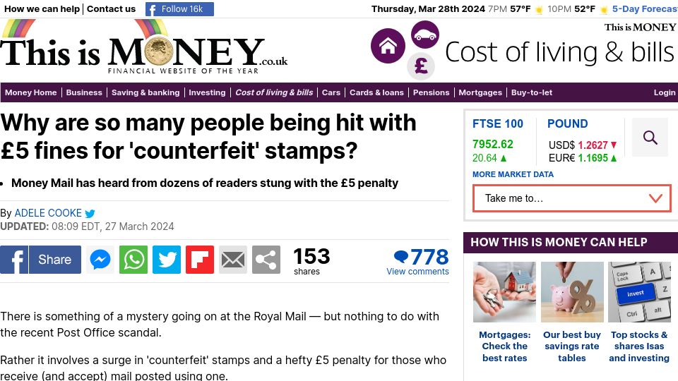 Screenshot of thisismoney.co.uk: Why are so many people being hit with £5 fines for 'counterfeit' stamps?