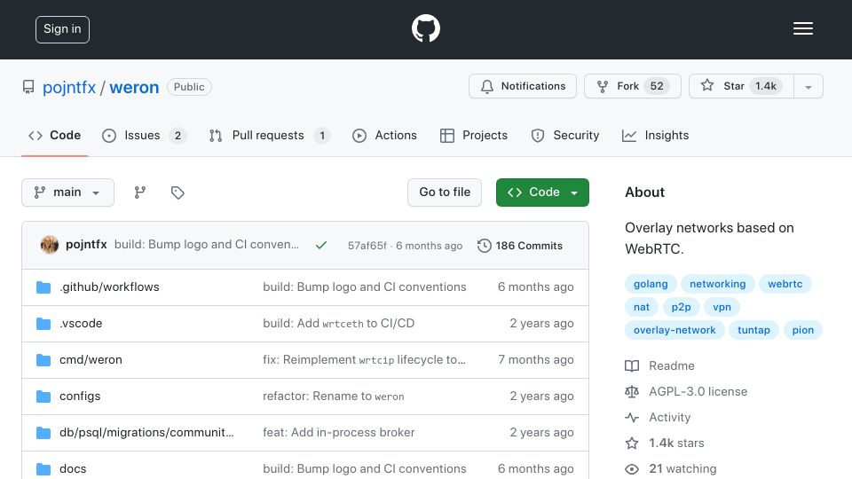 Screenshot of github.com: Overlay networks based on WebRTC