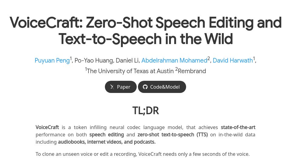Screenshot of jasonppy.github.io: VoiceCraft: Zero-Shot Speech Editing and Text-to-Speech in the Wild