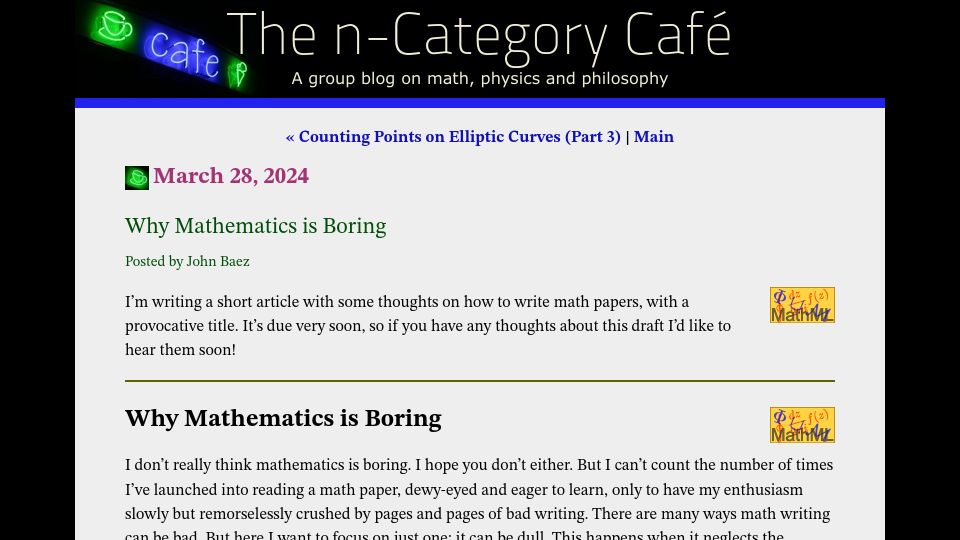 Screenshot of golem.ph.utexas.edu: Math writing is dull when it neglects the human dimension