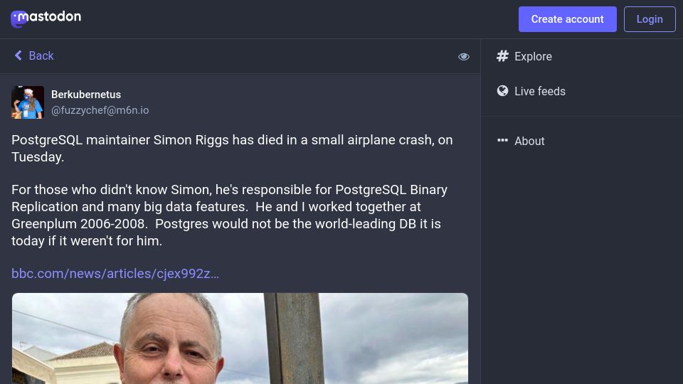Screenshot of m6n.io: Simon Riggs has died