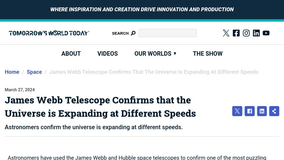 Screenshot of tomorrowsworldtoday.com: James Webb Telescope Confirms That the Universe Is Expanding at Different Speeds