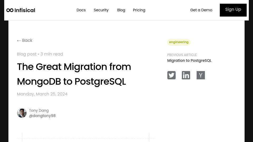 Screenshot of infisical.com: The Great Migration from MongoDB to PostgreSQL