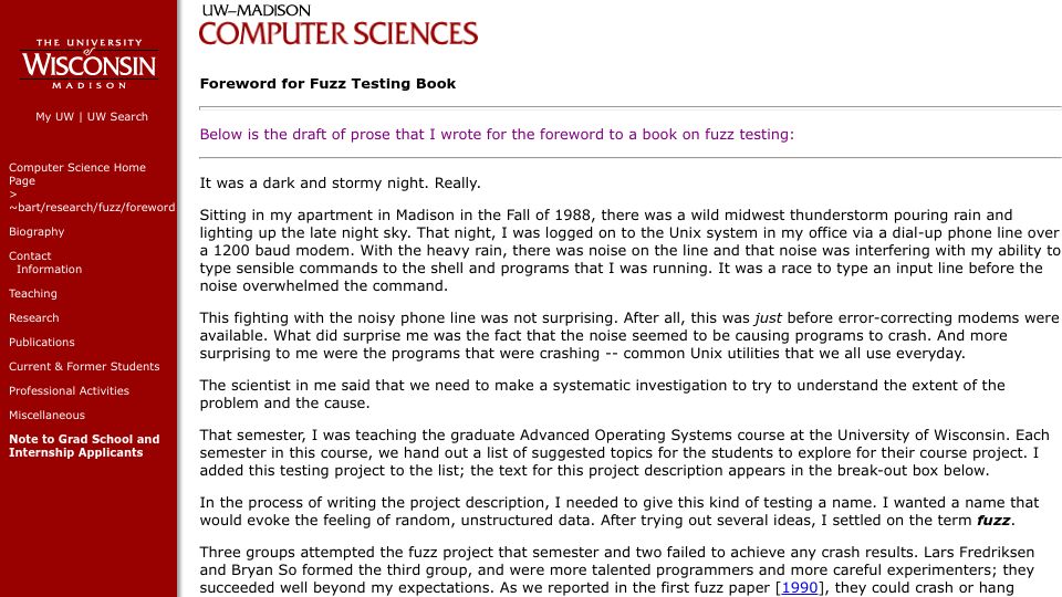 Screenshot of pages.cs.wisc.edu: How fuzz testing was invented (2008)
