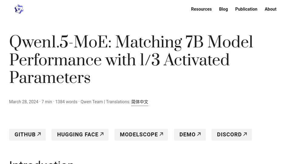 Screenshot of qwenlm.github.io: Qwen1.5-Moe: Matching 7B Model Performance with 1/3 Activated Parameters