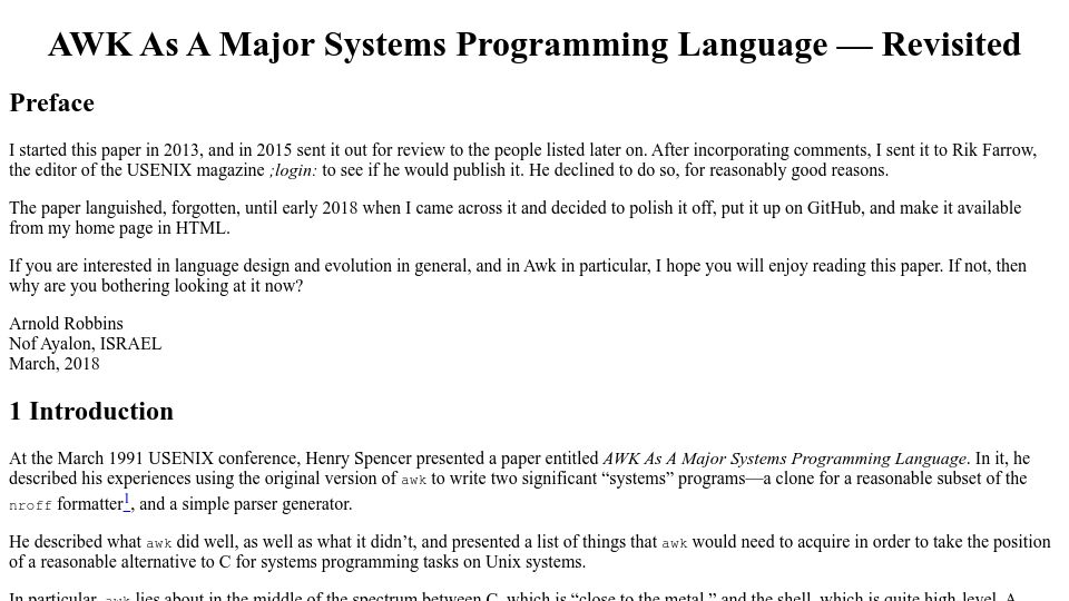 Screenshot of skeeve.com: Awk as a major systems programming language, revisited (2018)