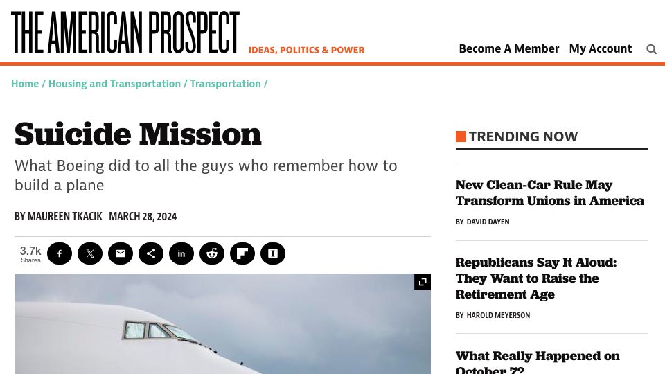 Screenshot of prospect.org: What Boeing did to all the guys who remember how to build a plane