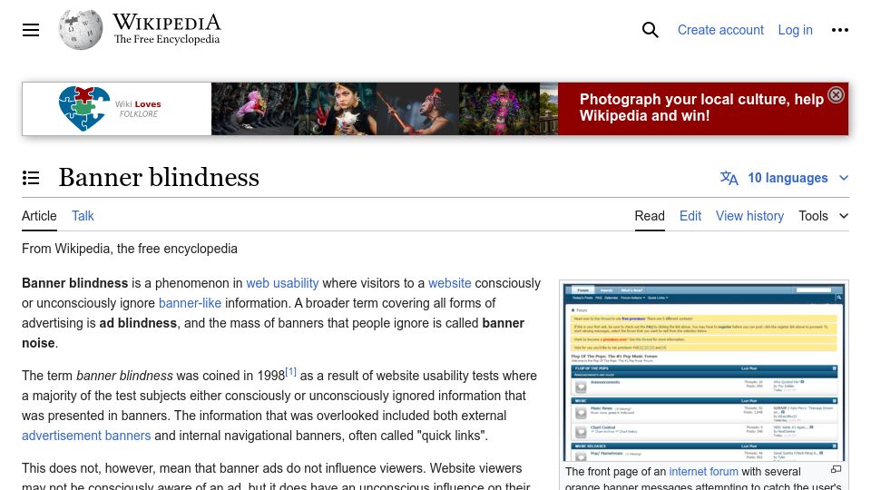 Screenshot of en.wikipedia.org: Banner blindness