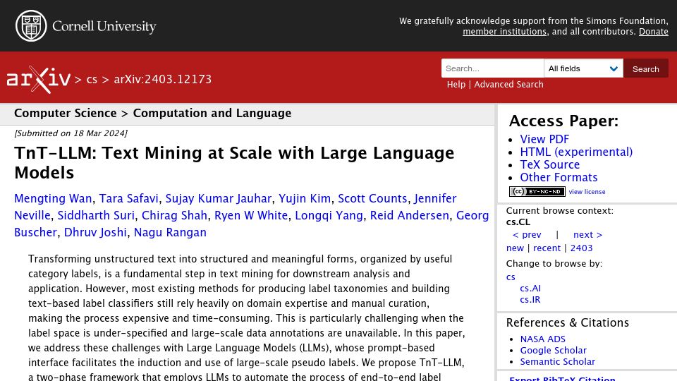 Screenshot of arxiv.org: TnT-LLM: Text Mining at Scale with Large Language Models