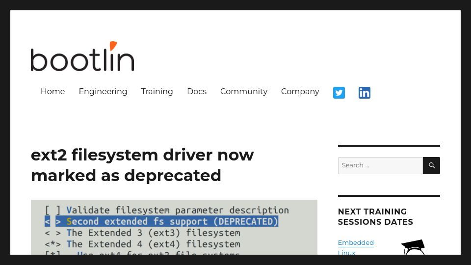 Screenshot of bootlin.com: Linux ext2 filesystem driver now marked as deprecated