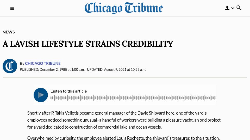 Screenshot of chicagotribune.com: A lavish lifestyle strains credibility (1985)