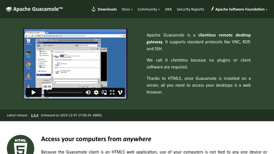 Screenshot of guacamole.apache.org: Apache Guacamole: a clientless remote desktop gateway