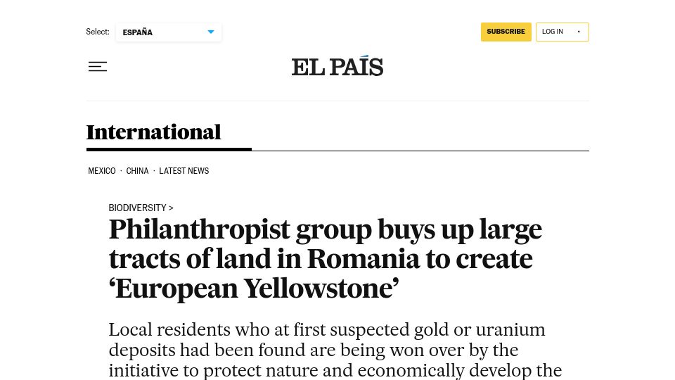 Screenshot of english.elpais.com: Group buys up large tracts of land in Romania to create 'European Yellowstone'