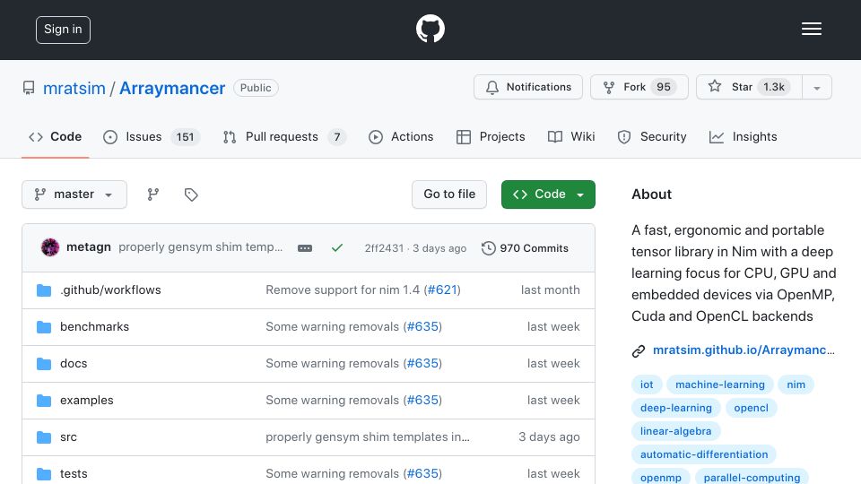 Screenshot of github.com: Arraymancer – Deep learning Nim library