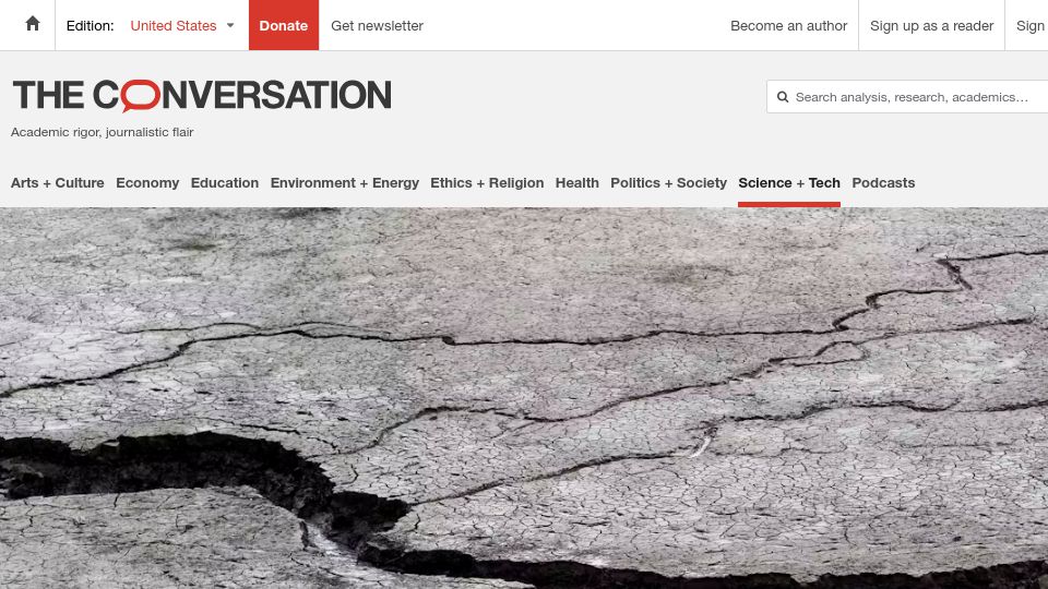 Screenshot of theconversation.com: Thin, bacteria-coated fibers could lead to self-healing concrete
