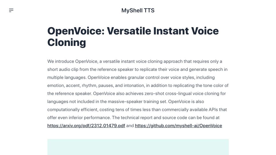 Screenshot of research.myshell.ai: OpenVoice: Versatile instant voice cloning