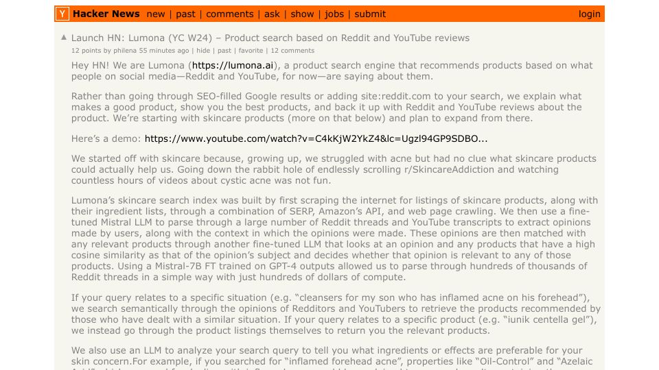 Screenshot of Hacker News post: Launch HN: Lumona (YC W24) – Product search based on Reddit and YouTube reviews
