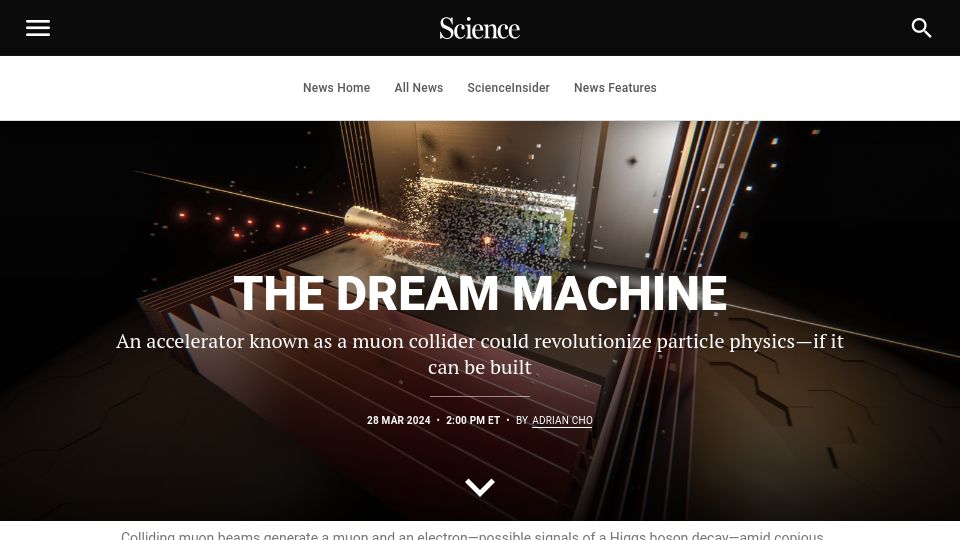 Screenshot of science.org: A muon collider could revolutionize particle physics, if it can be built