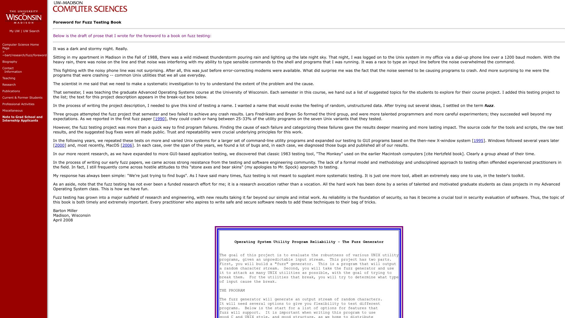 Screenshot of pages.cs.wisc.edu: How fuzz testing was invented (2008)