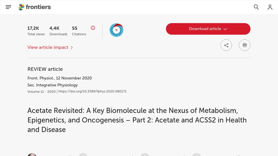 Screenshot of frontiersin.org: Acetate Revisited: A Key Biomolecule at the Nexus of Metabolism, Epigenetics