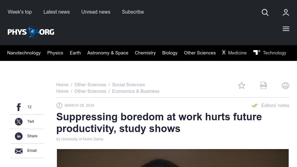 Screenshot of phys.org: Suppressing boredom at work hurts future productivity