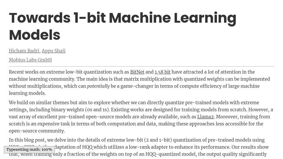 Screenshot of mobiusml.github.io: Towards 1-bit Machine Learning Models