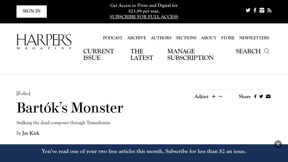 Screenshot of harpers.org: Bartók's Monster – Stalking the dead composer through Transylvania (2013)