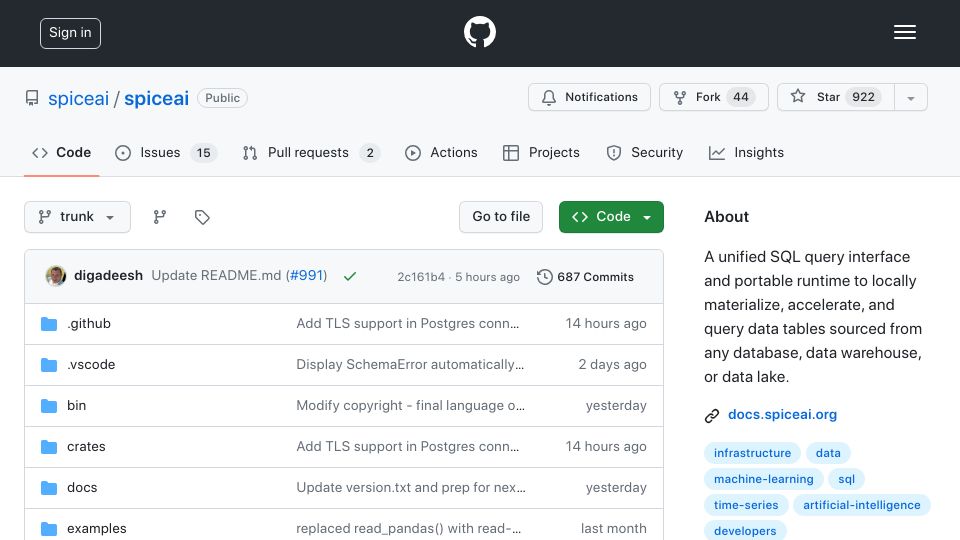 Screenshot of github.com: Show HN: Spice.ai – materialize, accelerate, and query SQL data from any source