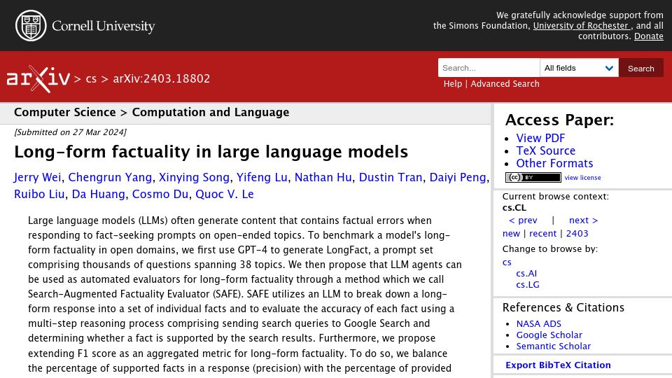 Screenshot of arxiv.org: Long-form factuality in large language models