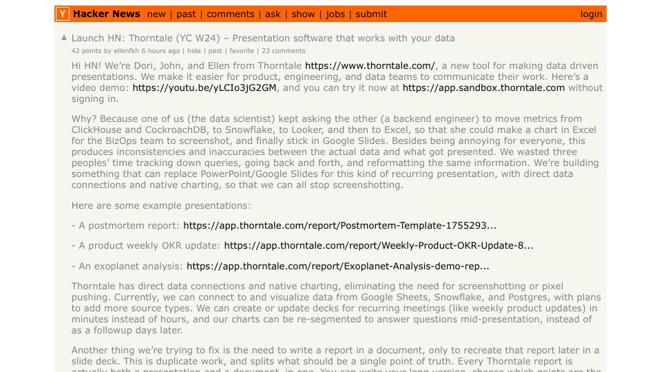Screenshot of Hacker News post: Launch HN: Thorntale (YC W24) – Presentation software that works with your data