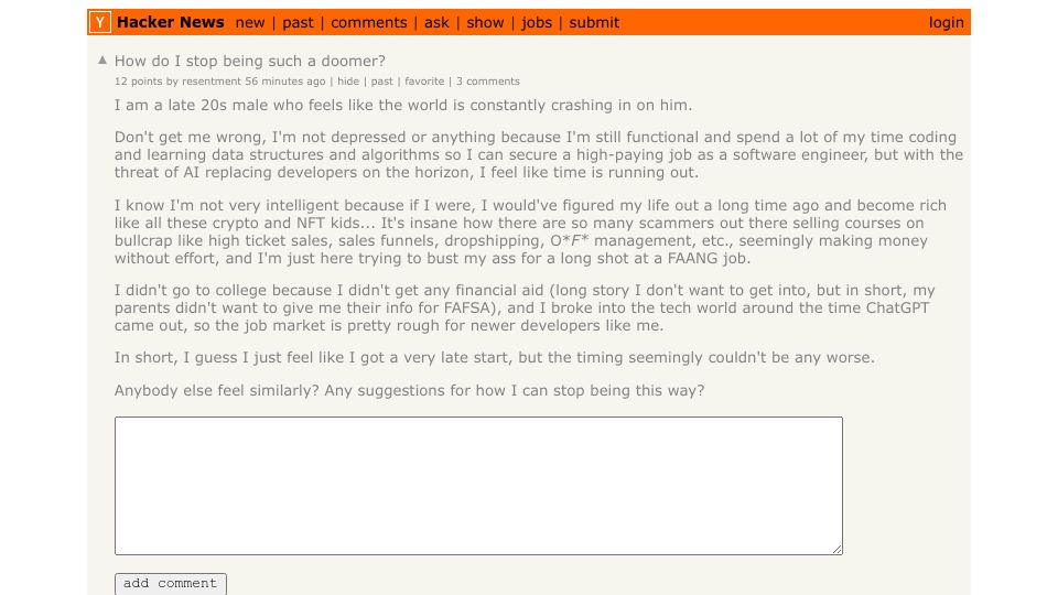 Screenshot of Hacker News post: How do I stop being such a doomer?
