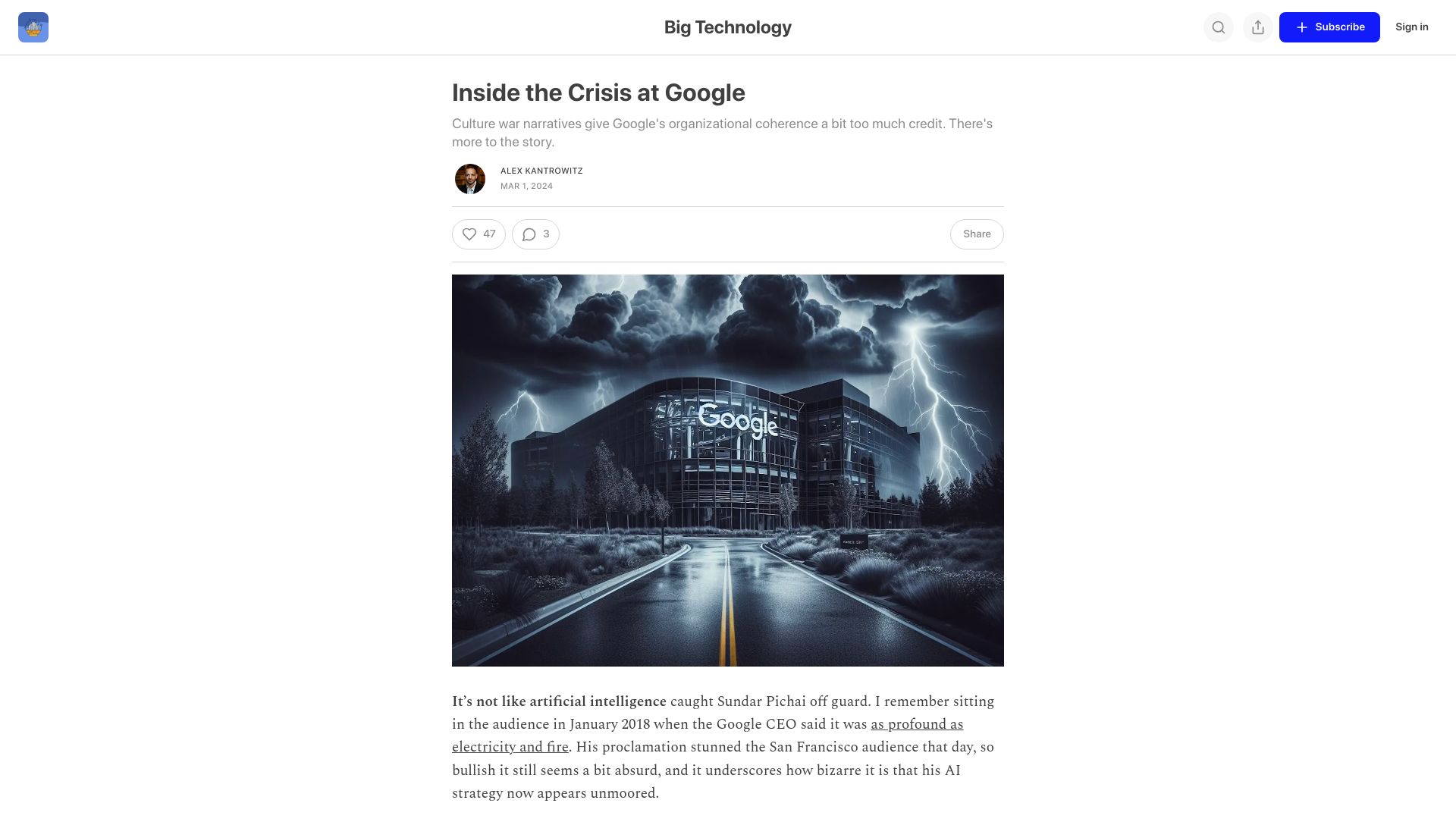 Screenshot of bigtechnology.com: The Crisis at Google