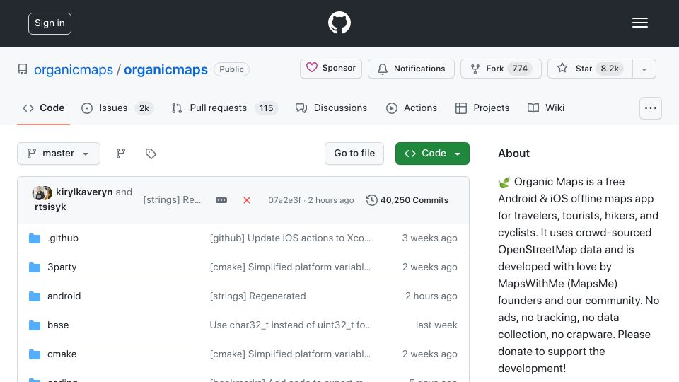Screenshot of github.com: Organic Maps is a free Android and iOS offline maps app for travelers