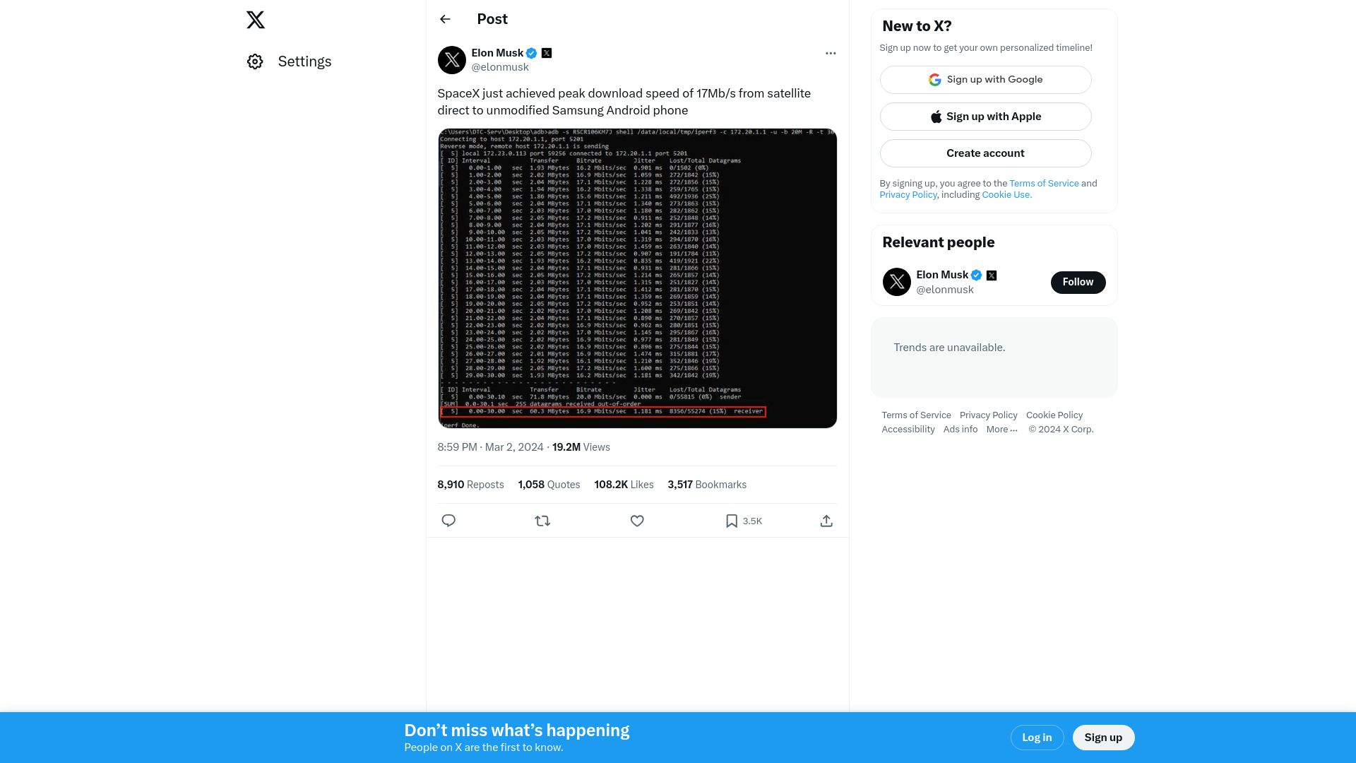 Screenshot of twitter.com: SpaceX just achieved speed of 17Mb/s from satellite to stock Android phone