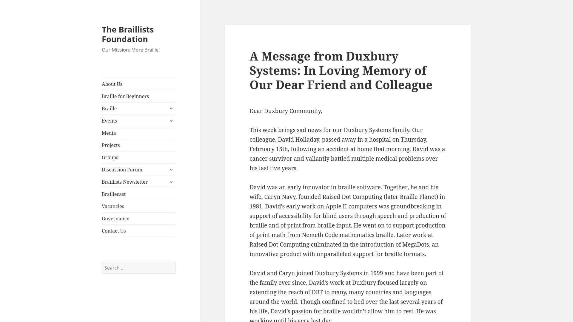 Screenshot of braillists.org: David Holladay, blindness technology pioneer, has died
