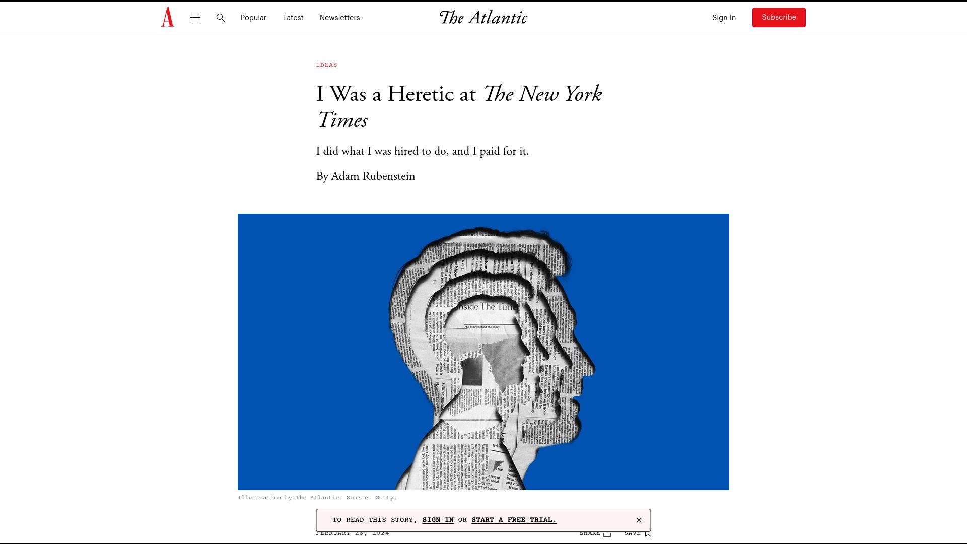 Screenshot of theatlantic.com: I Was a Heretic at the New York Times