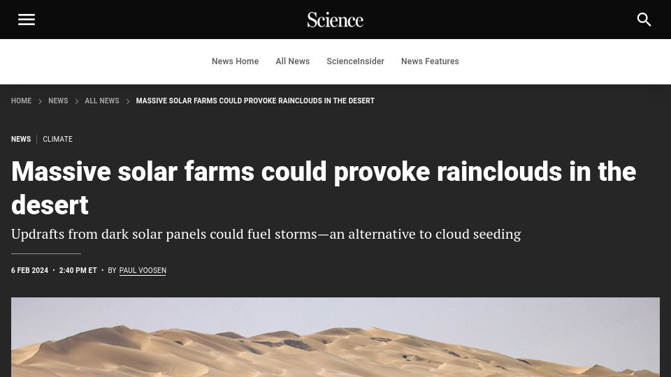 Screenshot of science.org: Large solar farms could trigger rain in the desert