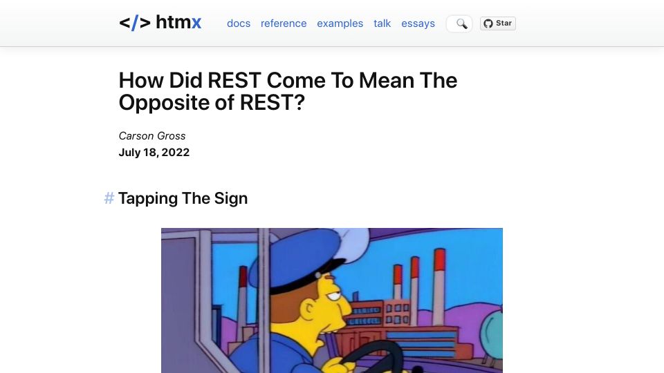 Screenshot of htmx.org: How Did REST Come to Mean the Opposite of REST? (2022)