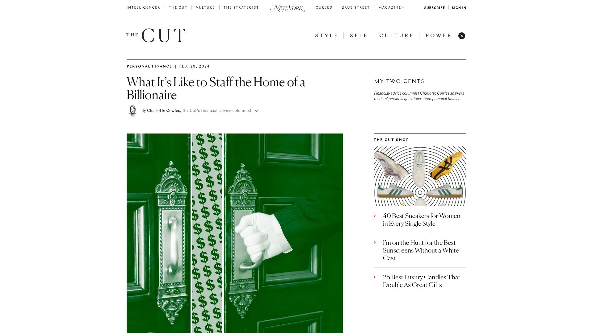 Screenshot of thecut.com: What it's like to staff the home of a billionaire