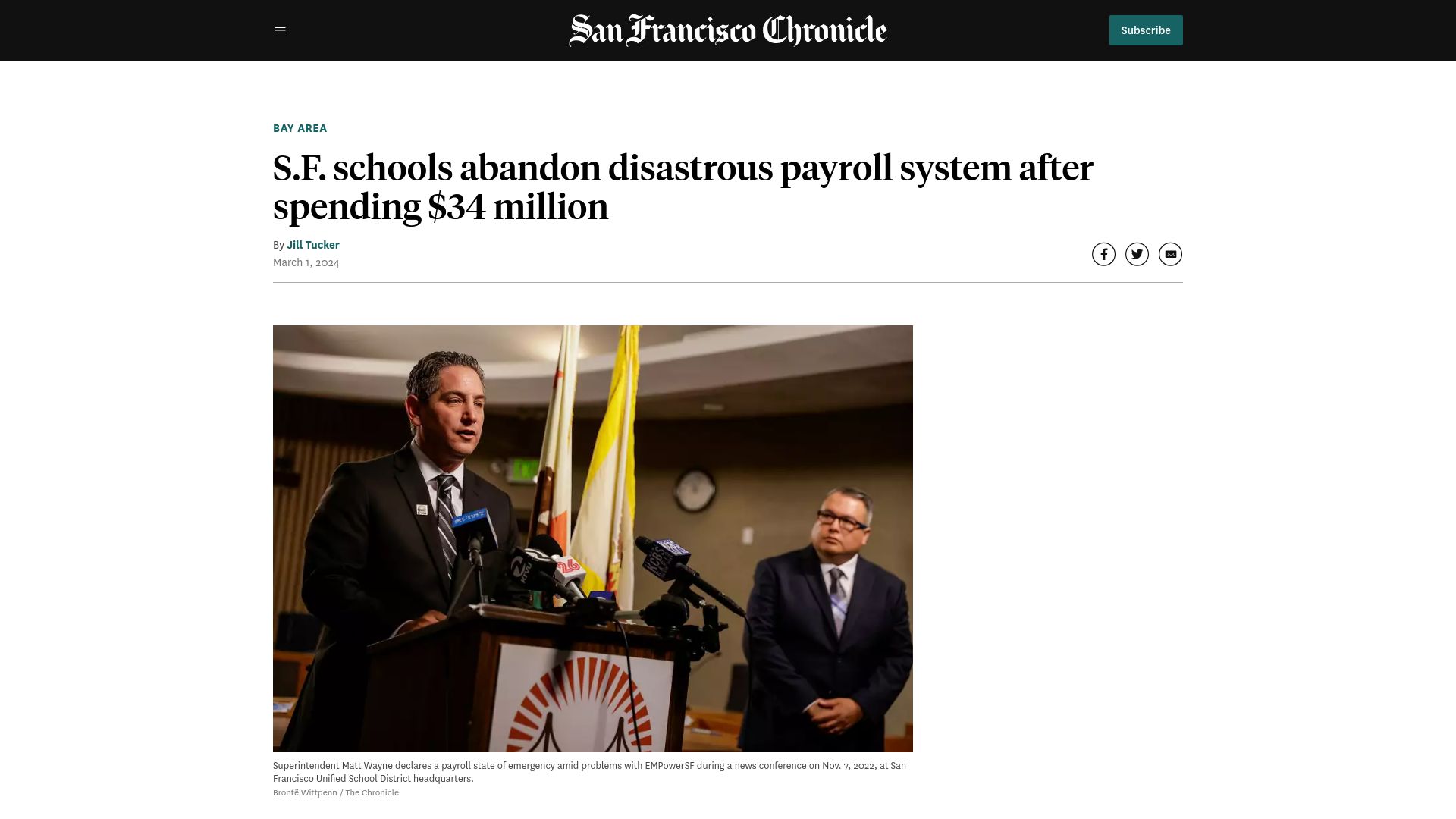 Screenshot of sfchronicle.com: S.F. schools abandon disastrous payroll system after spending $34M