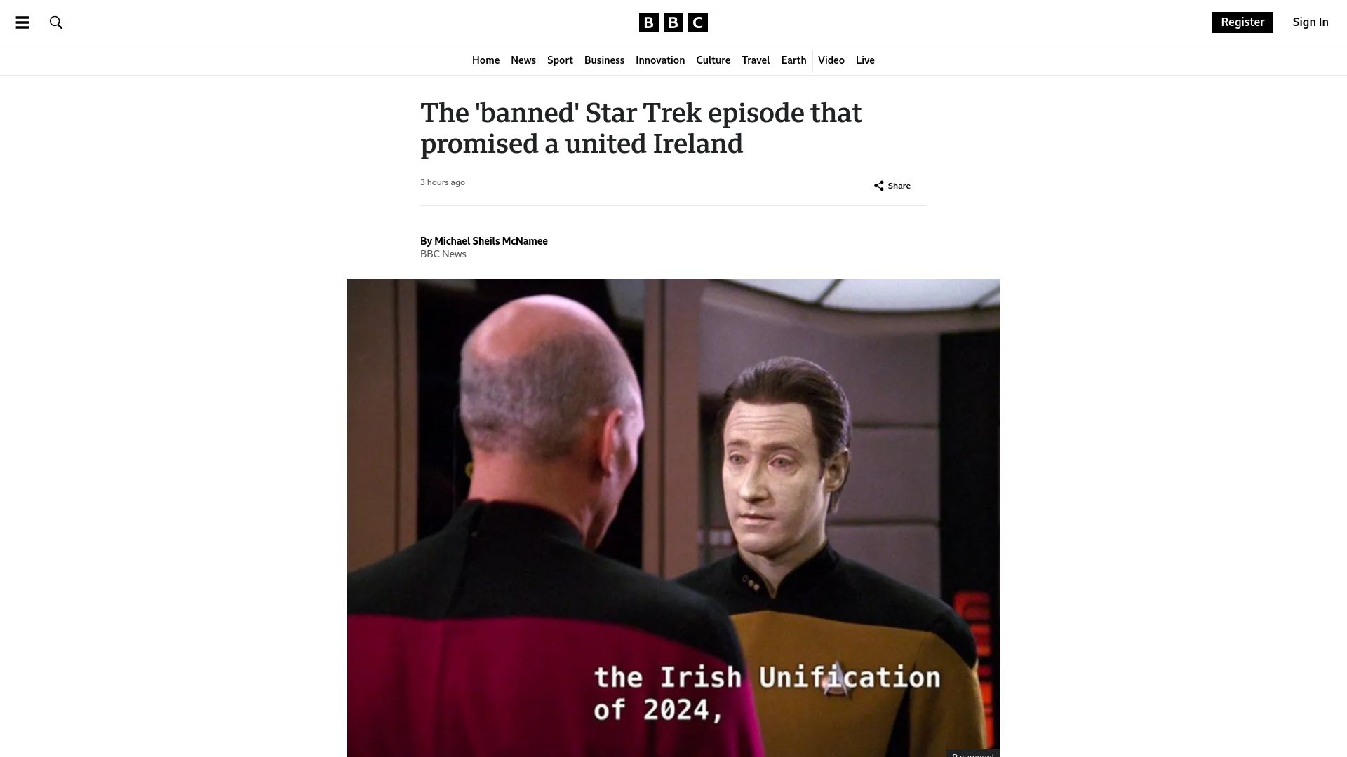 Screenshot of bbc.co.uk: The 'banned' Star Trek episode that promised a united Ireland