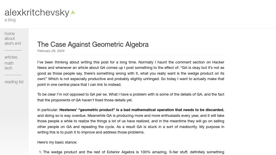 Screenshot of alexkritchevsky.com: The Case Against Geometric Algebra