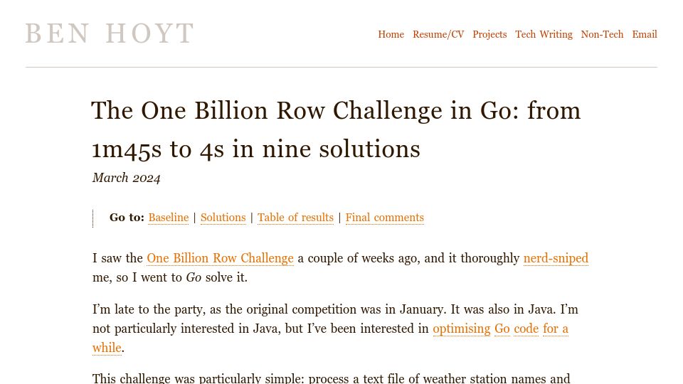 Screenshot of benhoyt.com: The One Billion Row Challenge in Go: from 1m45s to 4s in nine solutions