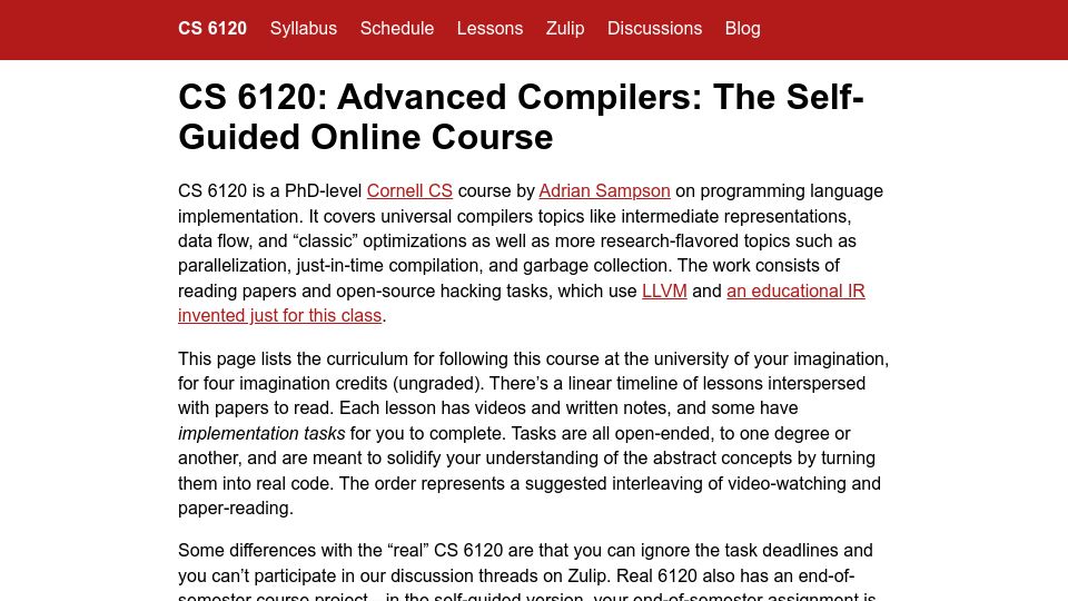 Screenshot of cs.cornell.edu: CS 6120: Advanced Compilers: The Self-Guided Online Course
