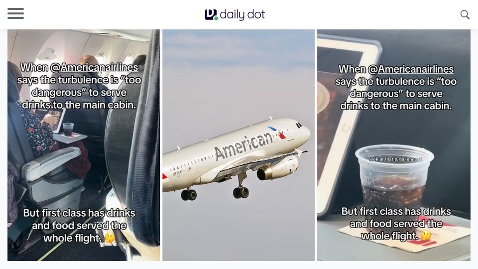 Screenshot of dailydot.com: American serves drinks to 1st class after telling economy it's too turbulent to