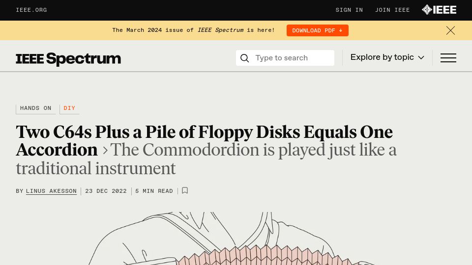 Screenshot of spectrum.ieee.org: Two C64s Plus a Pile of Floppy Disks Equals One Accordion (2022)